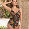 Graphic One Piece Swimsuit With Tulle Details