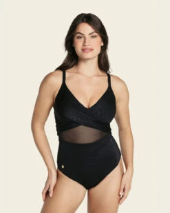 Slimming One Piece Swimsuit With Tulle And Draped Details